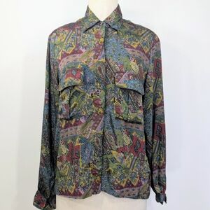 VTG 90s paisley & floral rayon button up blouse. Royal Silk. Size 8
